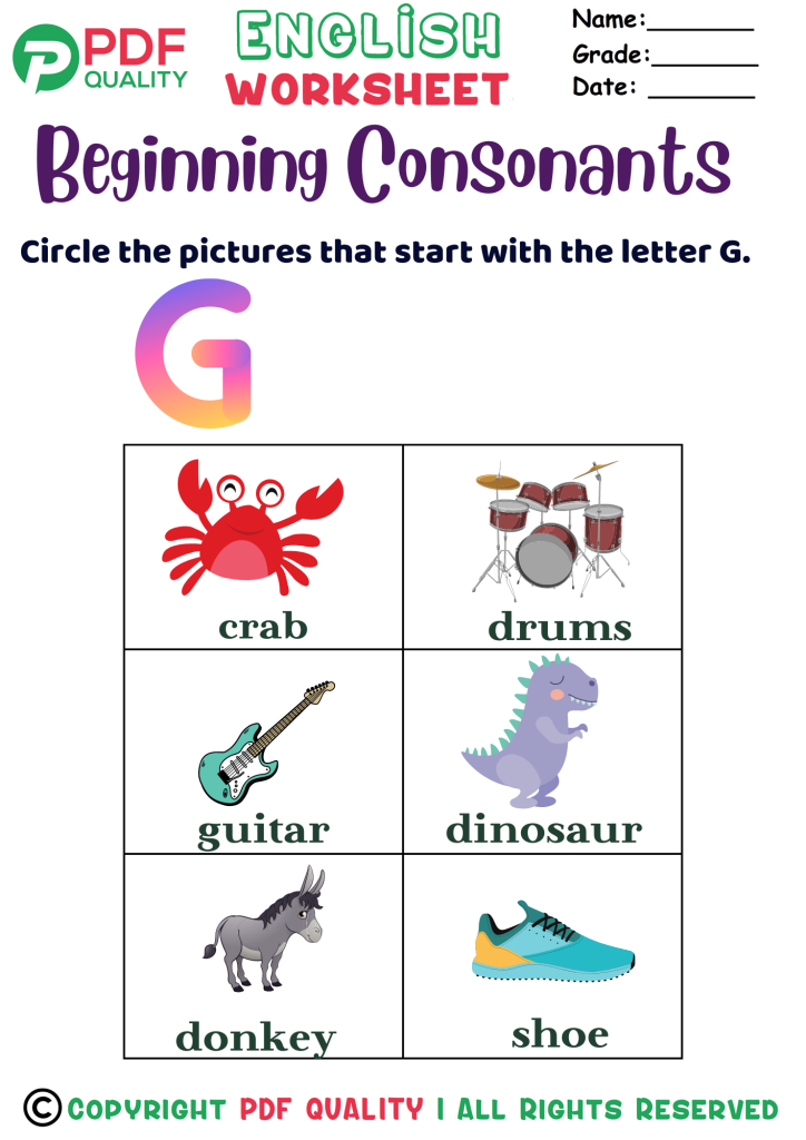Beginning Consonants with the letter G